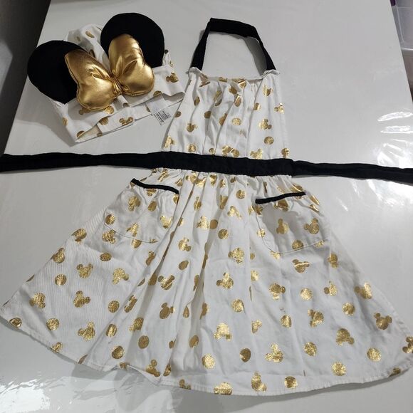 Disney Girls Chef Cooking Baking Apron & Minnie Mouse Ears Hat Set Gold Metallic - Picture 1 of 16